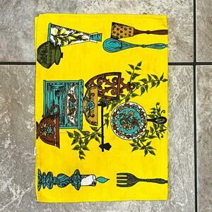 Vintage Parisian Prints Kitchen Tea Towel 1960s-70s Yellow Cotton Nylon Retro